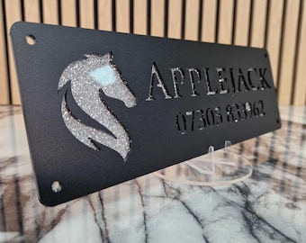 Horse Stable Name Sign, Classy New Laser Cut Designs Black with Silver Giltter Text, Customisable Door plaque, personalised gift horse lover