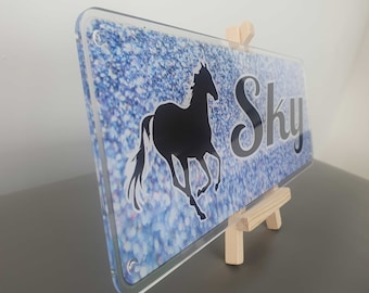 Sky blue sparkly design horse name plate, black writing Personalised pony Name plate plaque stable door sign horse present...yard proof!