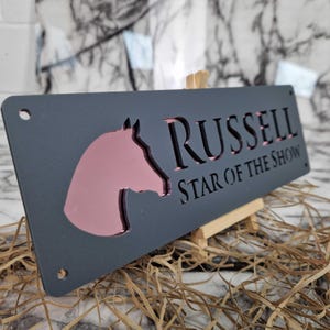 Laser Cut Horse Stable Name Sign, Anthracite Front, Rose Gold Text, Barn Stall Plate
