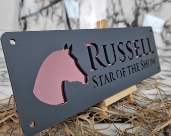 Laser Cut Horse Stable Name Sign, Anthracite Front, Rose Gold Text, Barn Stall Plate