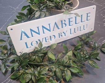 Customisable Horse Stable Name Sign, White with Light Blue Lettering, Personalised Stall Plaque