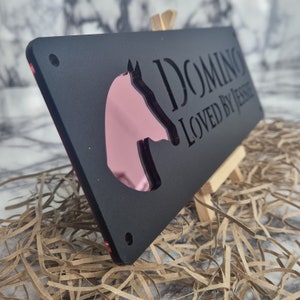 May include: Black acrylic sign with a pink horse silhouette and the text "DOMINO LOVED BY JESSE".