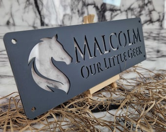 Laser Cut Horse Stable Name Sign, Matt Anthracite White Marble Effect, Custom Barn Plaque