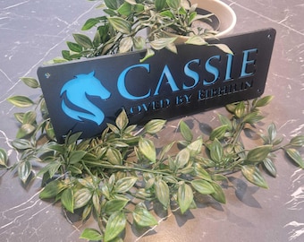 Horse Stable Name Sign, Classy New Laser Cut Designs Black with Light Blue Lettering, Customisable Door plaque, personalised stall sign