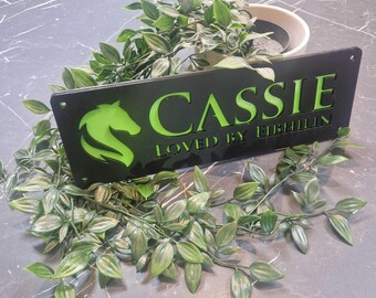 Customisable Horse Stable Name Sign, Black with Light Green Lettering, Personalised Stall Plaque