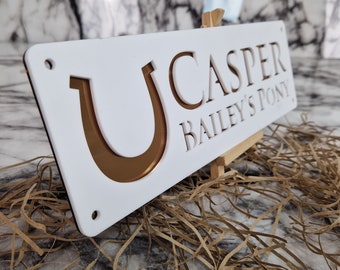 Beautiful Stable Name plate COPPER MIRROR, White Front, fully customisable, 8 image options, great gift for the horse lover in your life