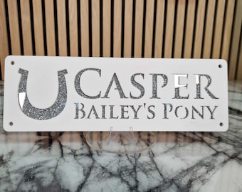 Personalized Horse Stable Sign, Silver Glitter Text, Custom Door Plaque