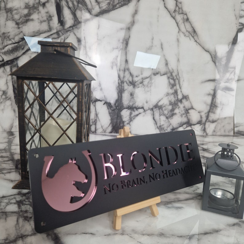 May include: Black metal sign with a pink horseshoe and horse head design. The sign reads "Blondie No Brain, No Headache".