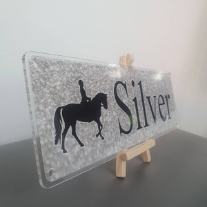 Customisable Silver sparkly design with black writing Pony Horse Name plate plaque gift stable door sign pony lover present