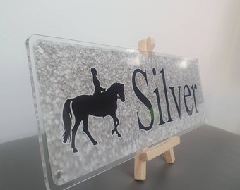 Customisable Silver sparkly design with black writing Pony Horse Name plate plaque gift stable door sign pony lover present