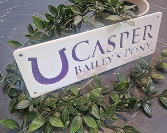 Customisable Horse Stable Name Sign, White with Purple Lettering, Personalised Stall Plaque