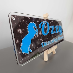 Black diamonds design with blue writing Personalised Horse pony Name plate plaque gift stable stall door sign horse lover gift