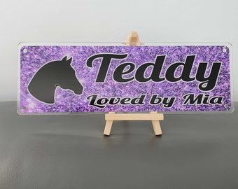 Tags4Nags Purple sparkly design and black writing Personalised Horse Name plate/ plaque/ boy/ girl/ keepsake/ pony present...yard proof!