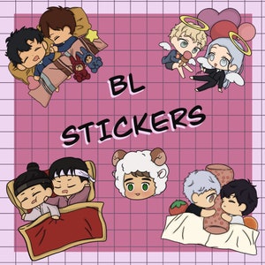 May include: A set of 6 BL stickers featuring cute cartoon couples in various poses. The stickers are printed on white paper with a glossy finish. The stickers are perfect for adding a touch of personality to your laptop, phone, water bottle, or planner.