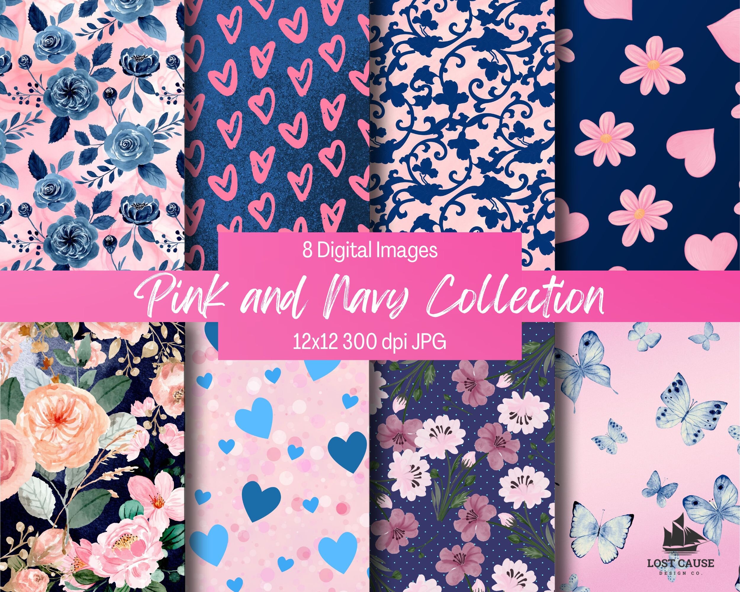 Pink and Navy Collection Digital Paper Scrapbook Paper Decoupage Paper