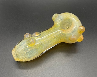 Yellow and Green Fumed Glass Pipe Handmade Unique Golden Heady Iridescent Spoon Pipe Hand Blown Tobacco Pipe