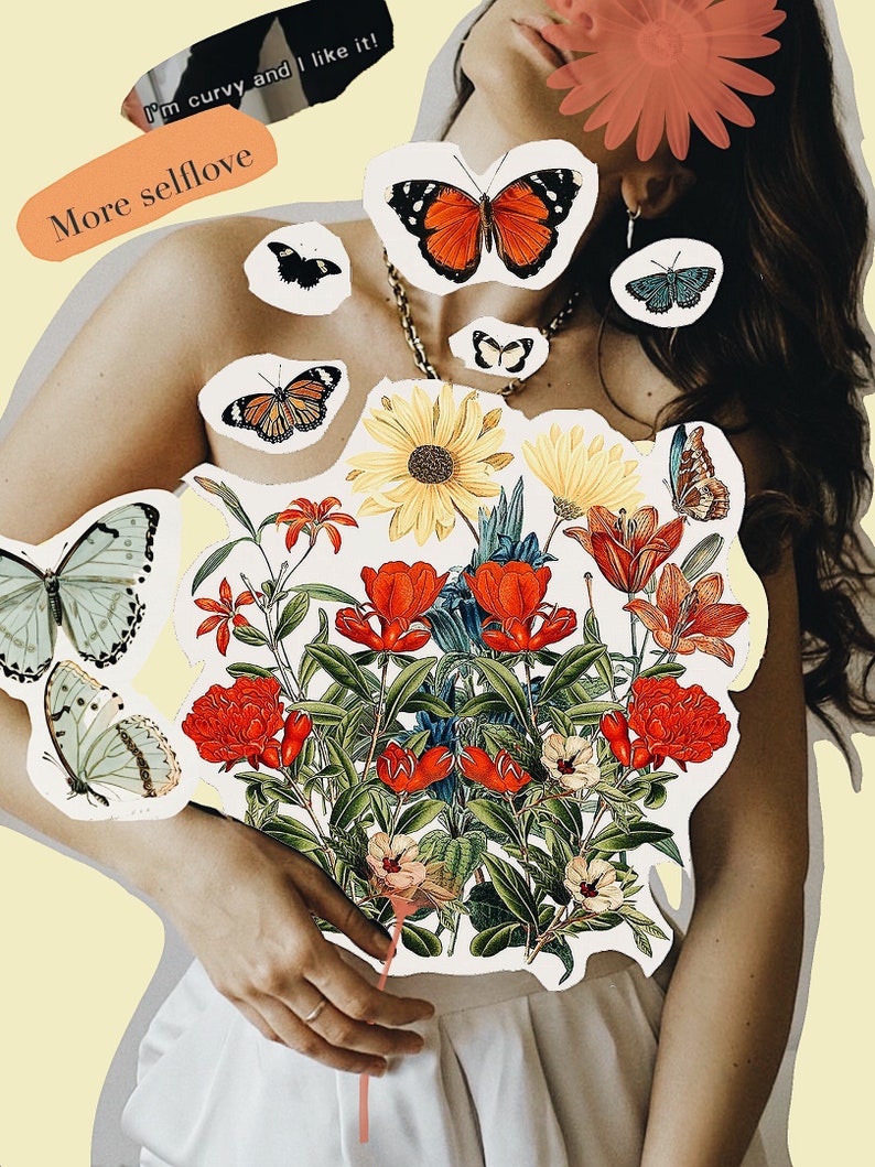 Puede incluir: Un collage con una mujer con un ramo de flores, mariposas y el texto "More selflove" y "I'm curvy and I like it!"
