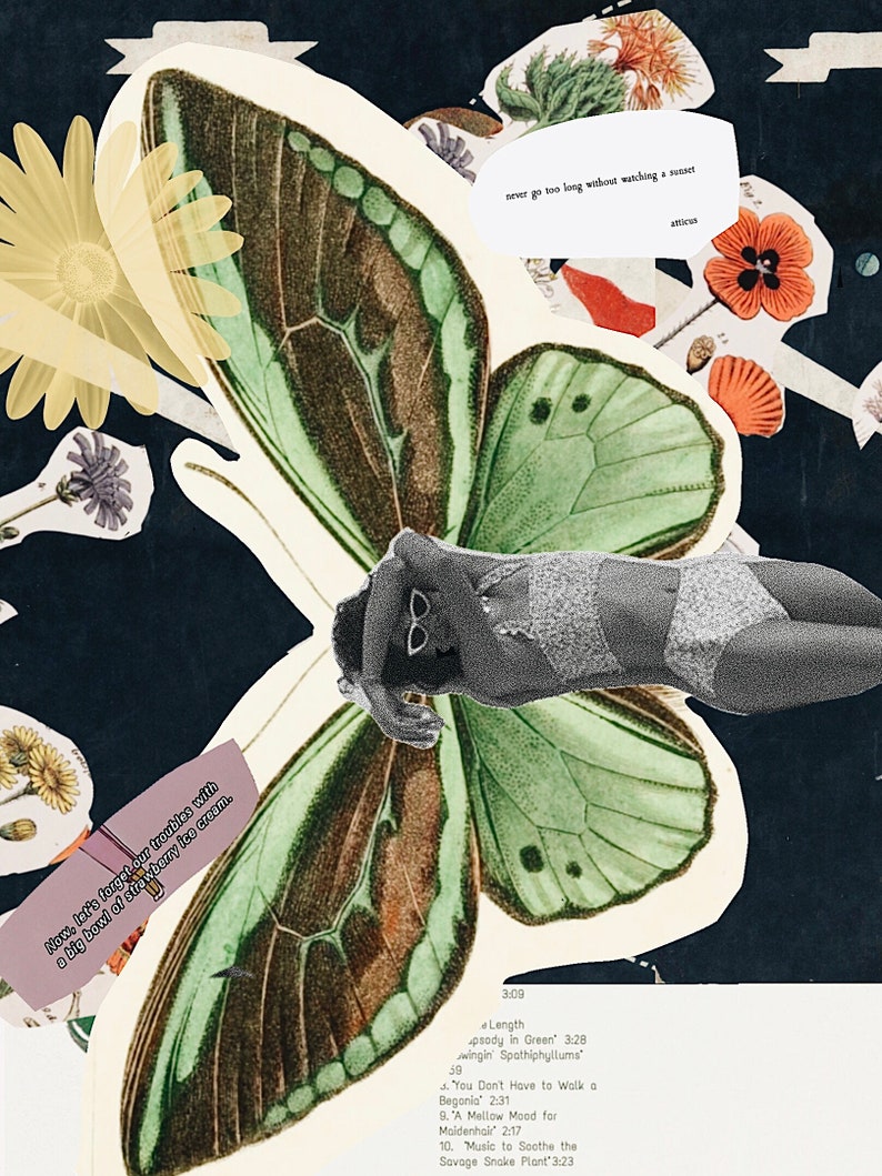 Op de afbeelding: Een collage met een vlinder met groene vleugels, een vrouw in een bikini en een citaat dat luidt "ga nooit te lang zonder een zonsondergang te bekijken". De collage is geplaatst op een donkerblauwe achtergrond met verschillende bloemmotieven.