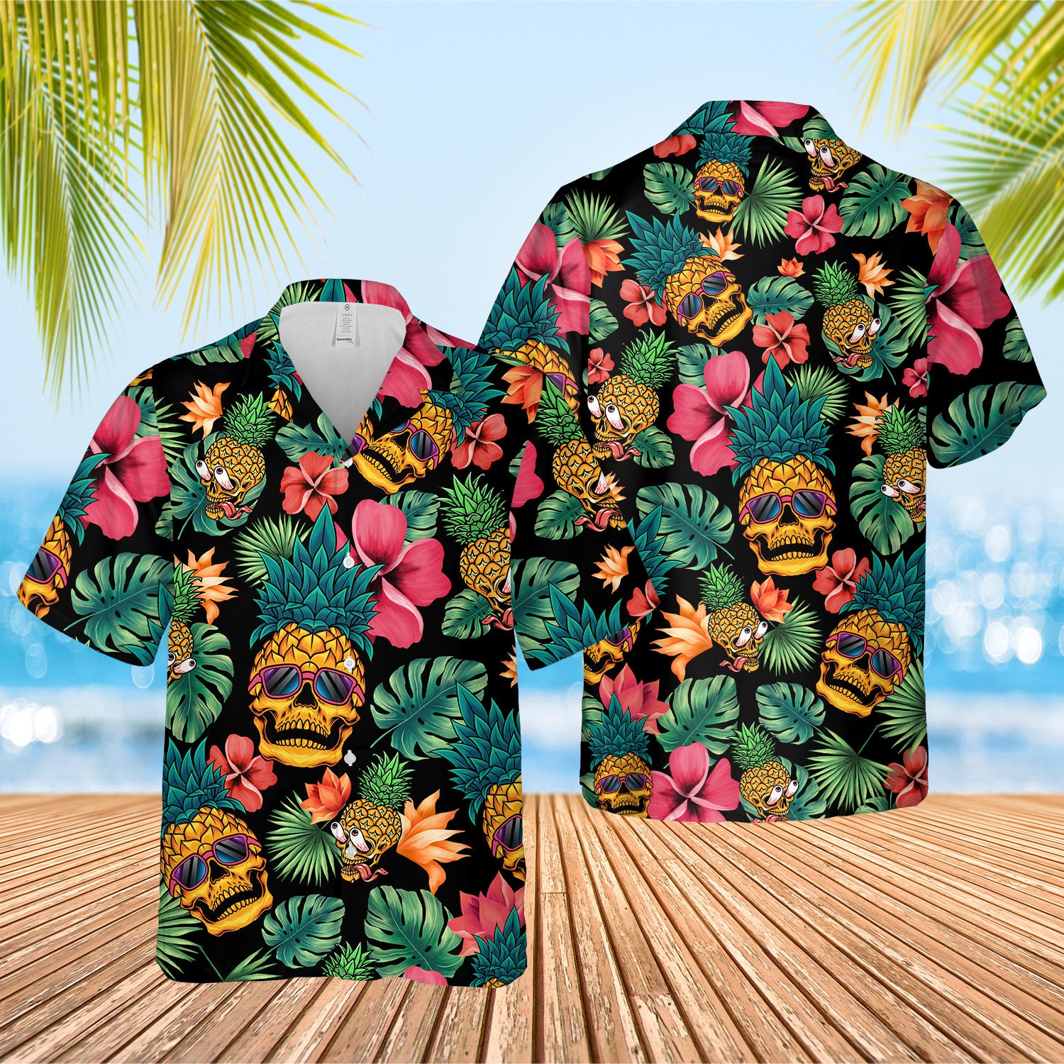 Pineapple Skull Hawaiian Shirt Tropical Skull Beach Short 