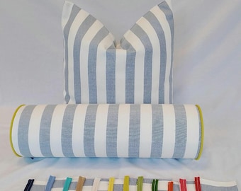 Sunbrella Striped Bolster Pillow Cover: White & Denim Blue, Contrast Piping