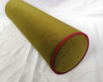 any size bolster/daybed custom bolster/olive velvet/queen bolster/long pillow/chartreuse velvet pillow/burgundy trim/decor roll  pillow/