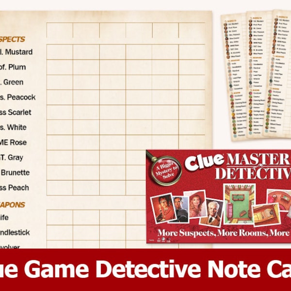 Clue Cluedo Master Detective Special Edition Boardgame Detective notes card sheets classic vintage paper style - Download Printable