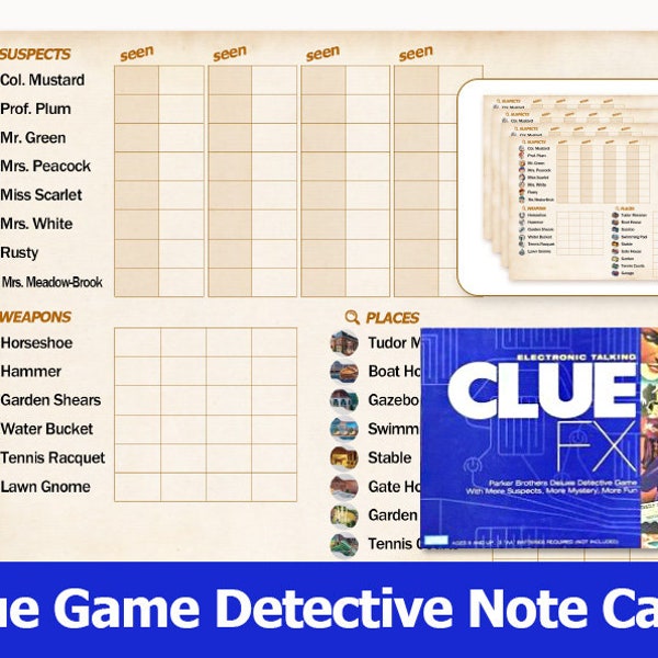 Clue Cluedo FX Special Edition Boardgame Detective notes card sheets classic vintage paper style - Download Printable