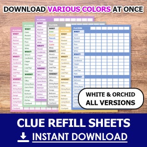 Clue Cluedo Board Game Refill Sheets, Replacement Score Sheet, Detective Notes Card Sheets - 6 Colors Instant Download Printable