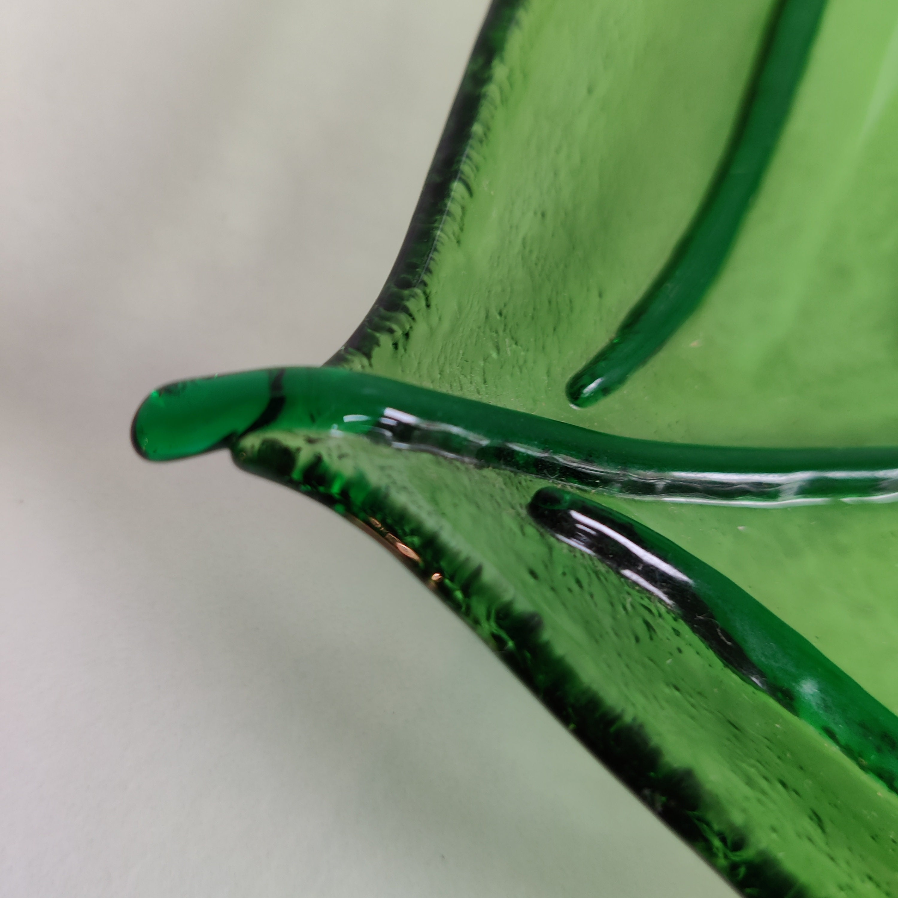 Leaf shaped Fused Glass Bowl in green with dark green veins. Etsy