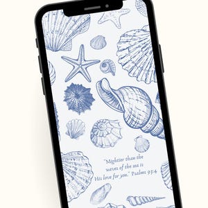 May include: A blue and white phone wallpaper with a seashell pattern and the quote "Mightier than the waves of the sea is His love for you." Psalms 93:4