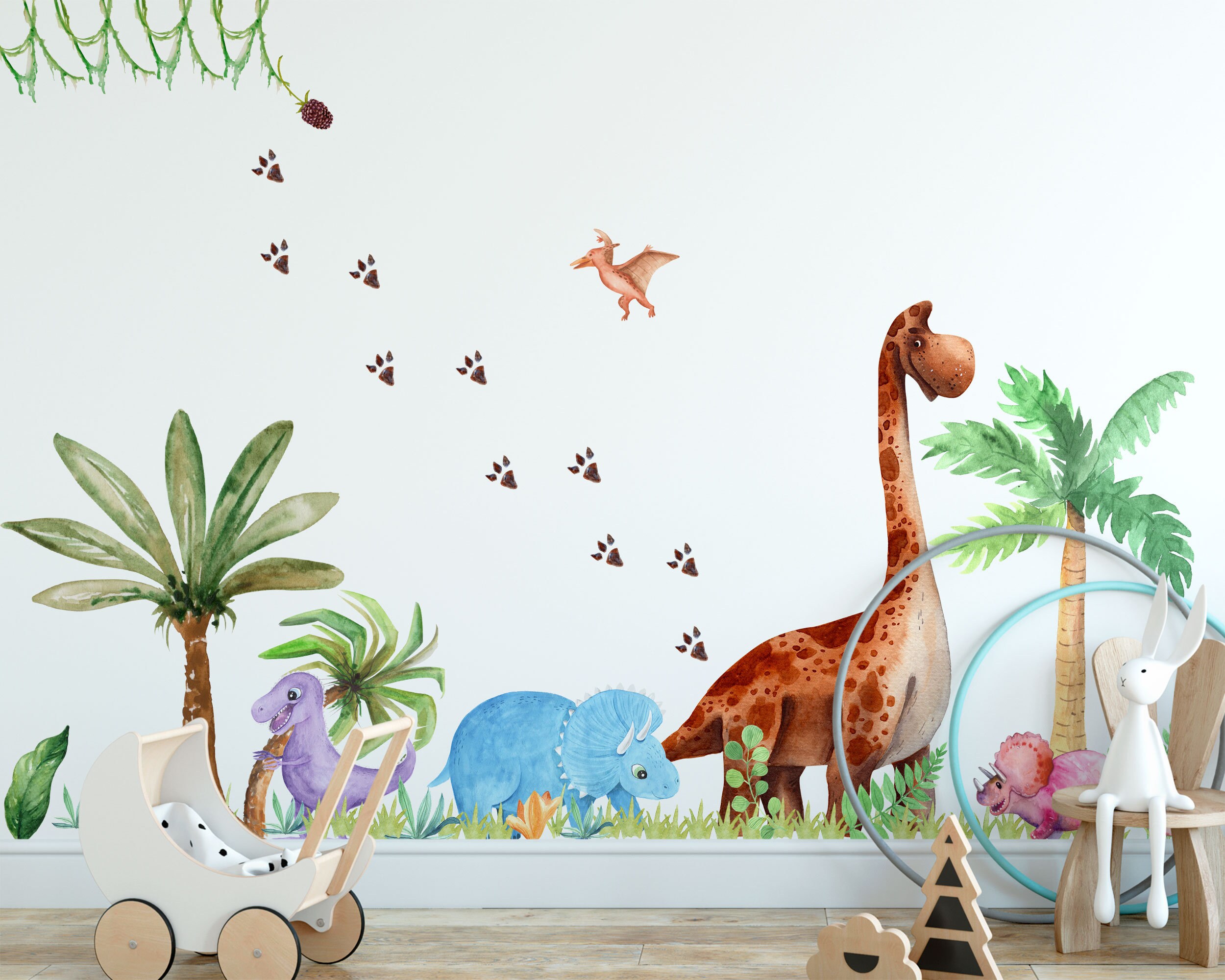 Large Dinosaur Wall Decals, Nursery Wall Stickers, Volcano Wall