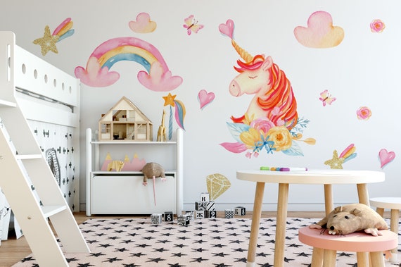 Autocollants muraux colorés mignons pour les enfants Peel and Stick  Décorations murales amovibles pour bébés filles Salon de chambre (fille  avec licorne et ballon)