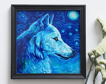 Night Wolf Painting, Acrylic and Gold Leaf, Wolf Wall Art (20x20)