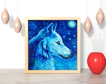 Night Wolf Painting, Acrylic Gold Leaf Art, 20x20 Canvas