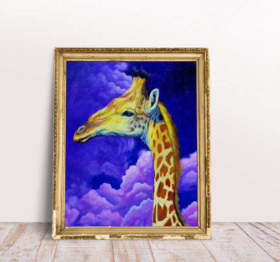 キリンの絵画（青い背景） Amazon.co.jp: 絵画 キリンの絵インテリア