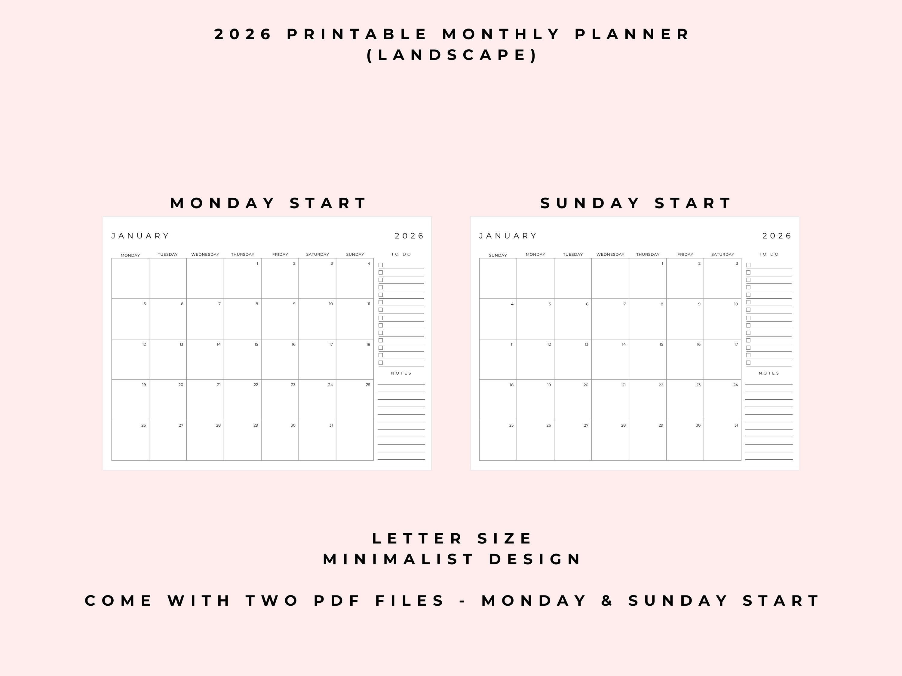 2026 Minimalist Monthly Printable Planner (landscape) - With To-do ...