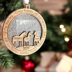Personalized engraved Wooden and Acrylic Horse Family Ornament,  Christmas Tree Ornament 2024, Ornament for 1-3 horses per Ornament