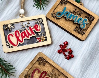 Personalized Wood Snowflake Ornament • Custom Name, Gift Card Holder