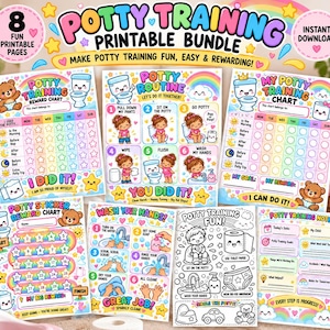May include: A potty training printable bundle featuring eight colorful pages with cartoon bears, rainbows, and stars. The sheets include reward charts, routine guides, handwashing steps, and note pages with text like Potty Training Printable Bundle.