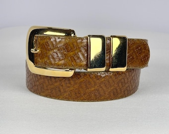 Vintage Doncaster Cognac Brown Textured Leather Belt Embossed Gold Buckle Size S