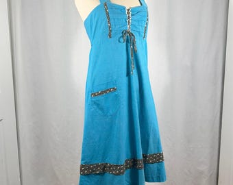 Dani Lewis Blue Vintage 70s Boho Dress Floral Trim Lace Up Adjust Straps Size 12