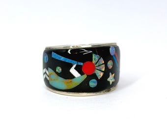 Gilbert Smith Navajo Sterling Silver Night Sky Kokopelli Micro Opal Inlay Ring 6