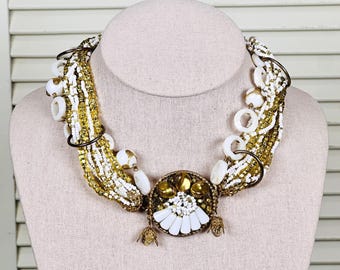Vintage Cluster Necklace White Gold Murano Glass Seed Beads 50s 60s Blind Clasp