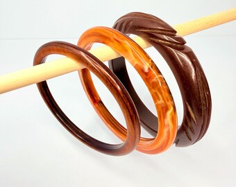 Sculptural Brown Carved Bakelite Bangle Bracelet Trio Tortoise Swirl MCM Vintage