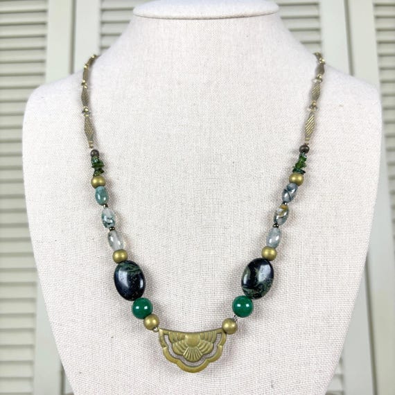 Artisan Art Deco Revival Green Moss Agate Jade Brass Fan Necklace Y2K Boho Chic View 2