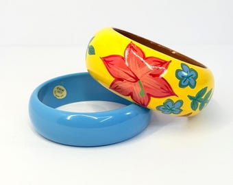 Vintage 60s Bangle Bracelet Duo: Blue Genuine Lucite & Hand-Painted Floral Wood