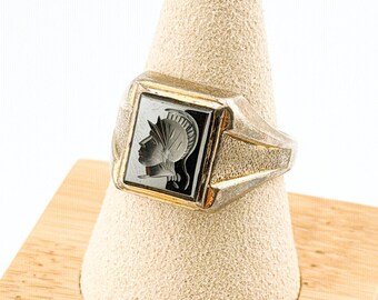 Vintage Sterling Silver Carved Hematite Intaglio Roman Centurion Signet Ring 12