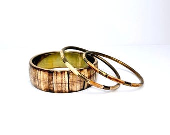 Boho Vintage Cream Inlaid Bone and Brass Bangle Set Stackable Statement Bracelet