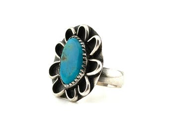 Vintage Blue Turquoise Sterling Silver Navajo Flower Frame Ring 70s Boho Size 6