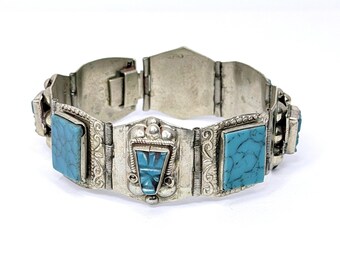 Vintage Silver Turquoise Panel Bracelet Aztec Face Eagle Hallmark 1950s Mexico